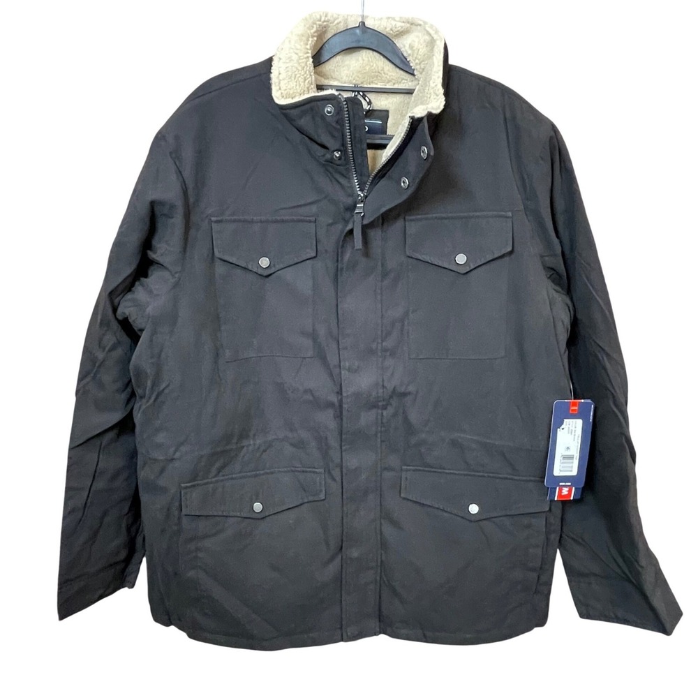 NWT IZOD Black Field Jacket Sherpa Trim Water Resistant Mens Size Large